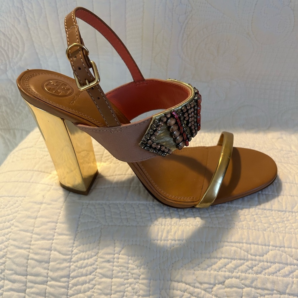 Tory Burch 100MM - Fabric - Leather - Metallic Size 9.5 Preloved EUC